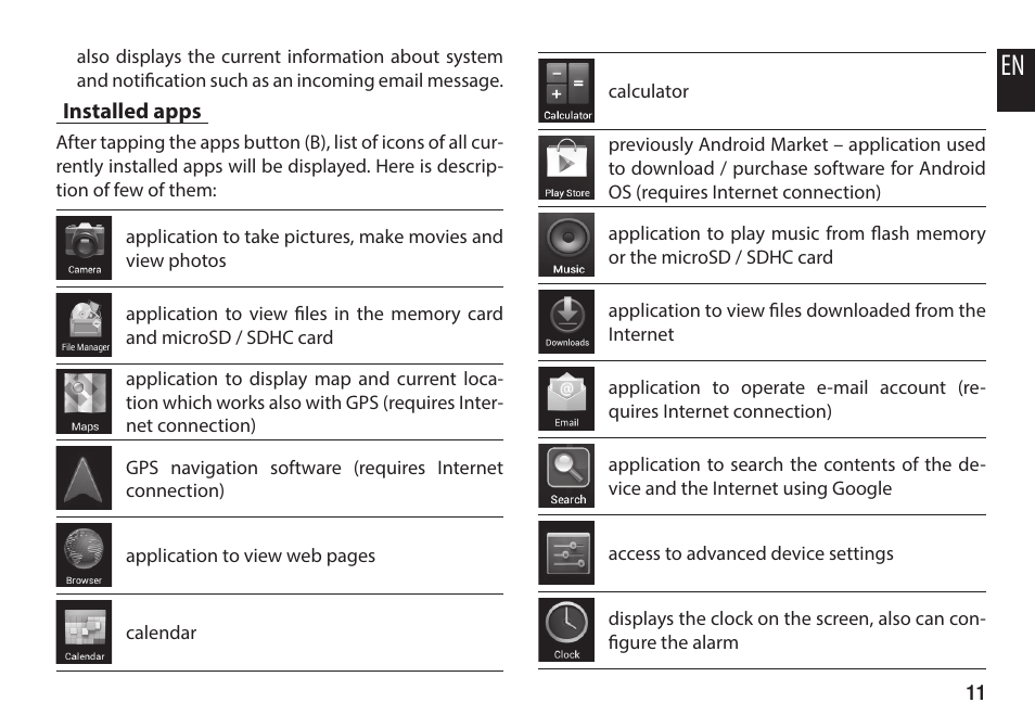 Installed apps | Media-Tech IMPERIUS 4.3HQ User Manual | Page 11 / 20