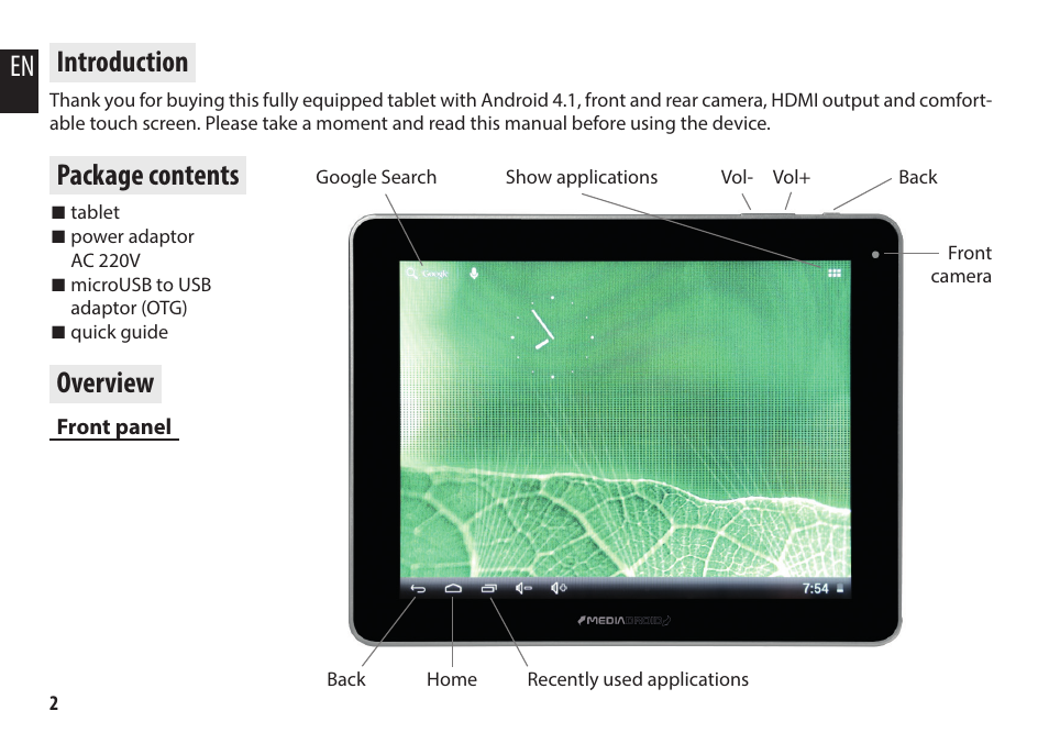 En introduction, Package contents, Overview | Media-Tech IMPERIUS TAB 10 User Manual | Page 2 / 6