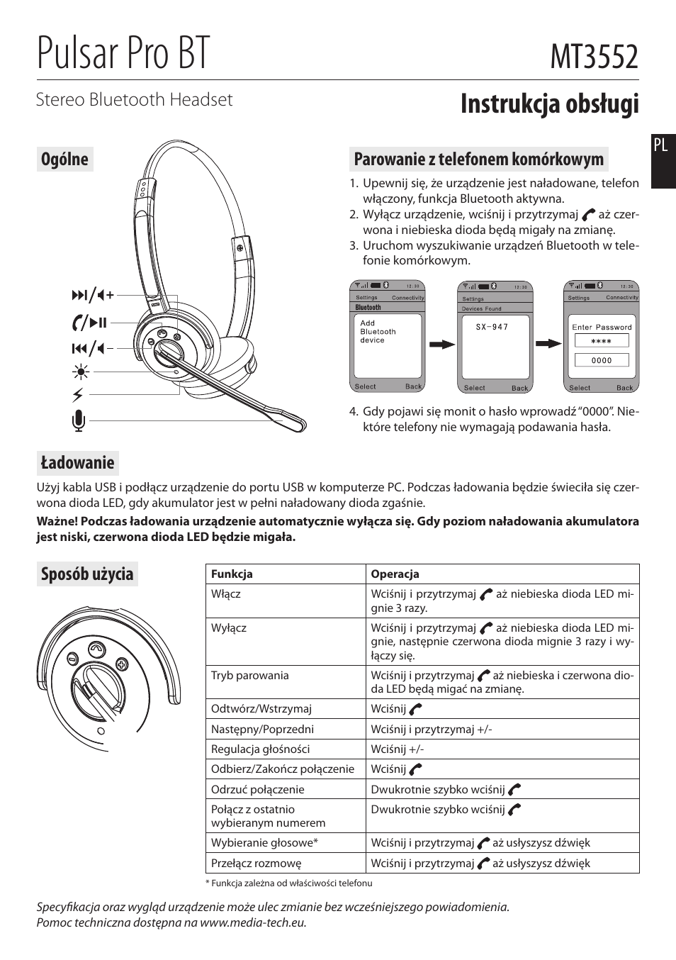 Pulsar pro bt, Mt3552, Instrukcja obsługi | Stereo bluetooth headset, Parowanie z telefonem komórkowym, Ogólne sposób użycia, Ładowanie | Media-Tech PULSAR PRO BT User Manual | Page 2 / 8