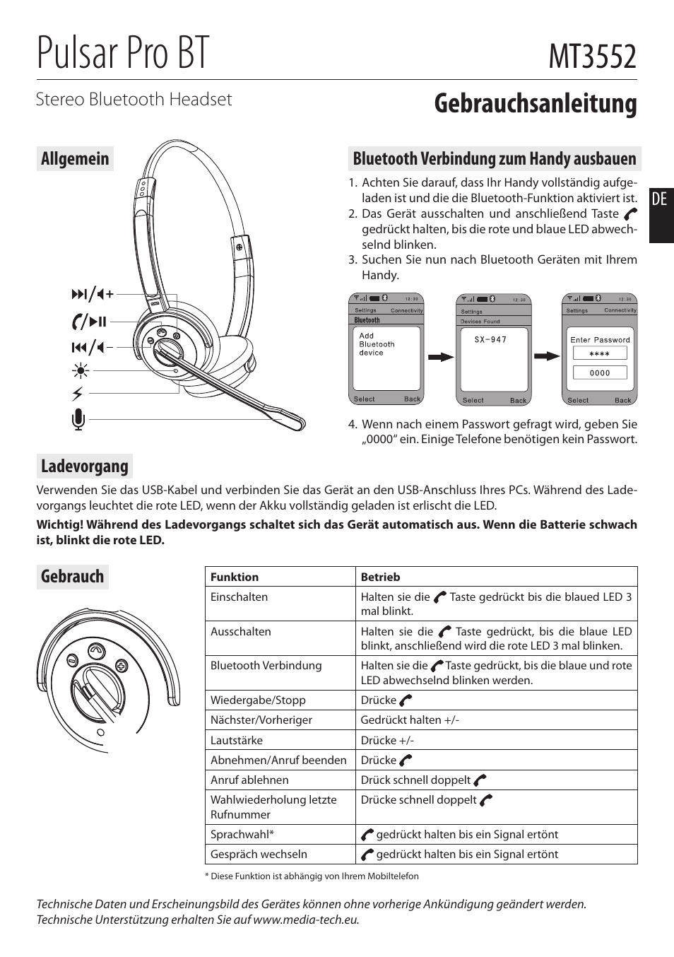 Pulsar pro bt, Mt3552, Gebrauchsanleitung | De stereo bluetooth headset, Bluetooth verbindung zum handy ausbauen, Allgemein gebrauch, Ladevorgang | Media-Tech PULSAR PRO BT User Manual | Page 3 / 8