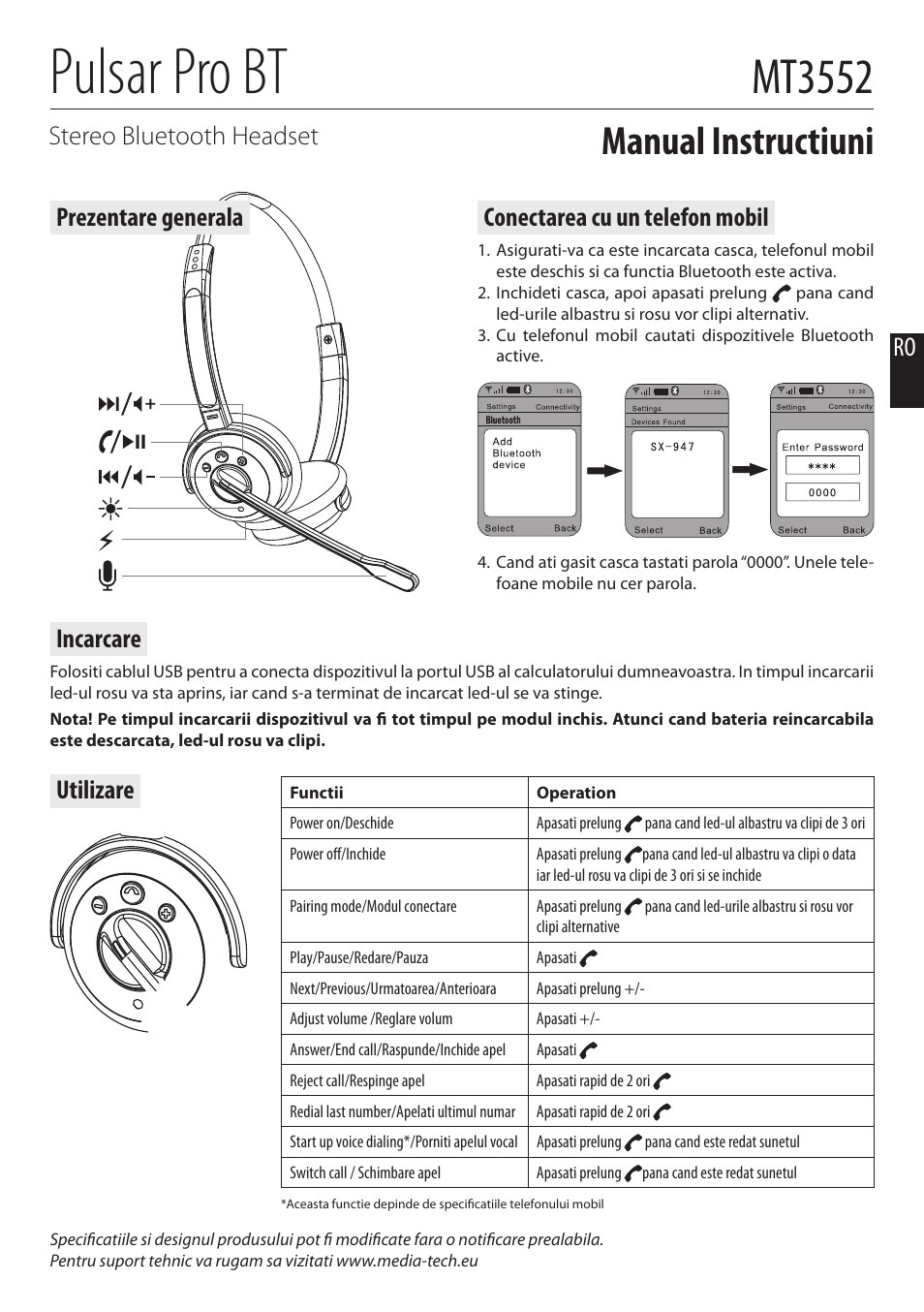 Pulsar pro bt, Mt3552, Manual instructiuni | Ro stereo bluetooth headset, Conectarea cu un telefon mobil, Prezentare generala utilizare, Incarcare | Media-Tech PULSAR PRO BT User Manual | Page 4 / 8