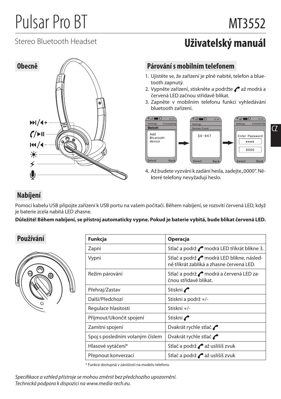 Pulsar pro bt, Mt3552, Uživatelský manuál | Cz stereo bluetooth headset, Párování s mobilním telefonem, Obecně používání, Nabíjení | Media-Tech PULSAR PRO BT User Manual | Page 5 / 8