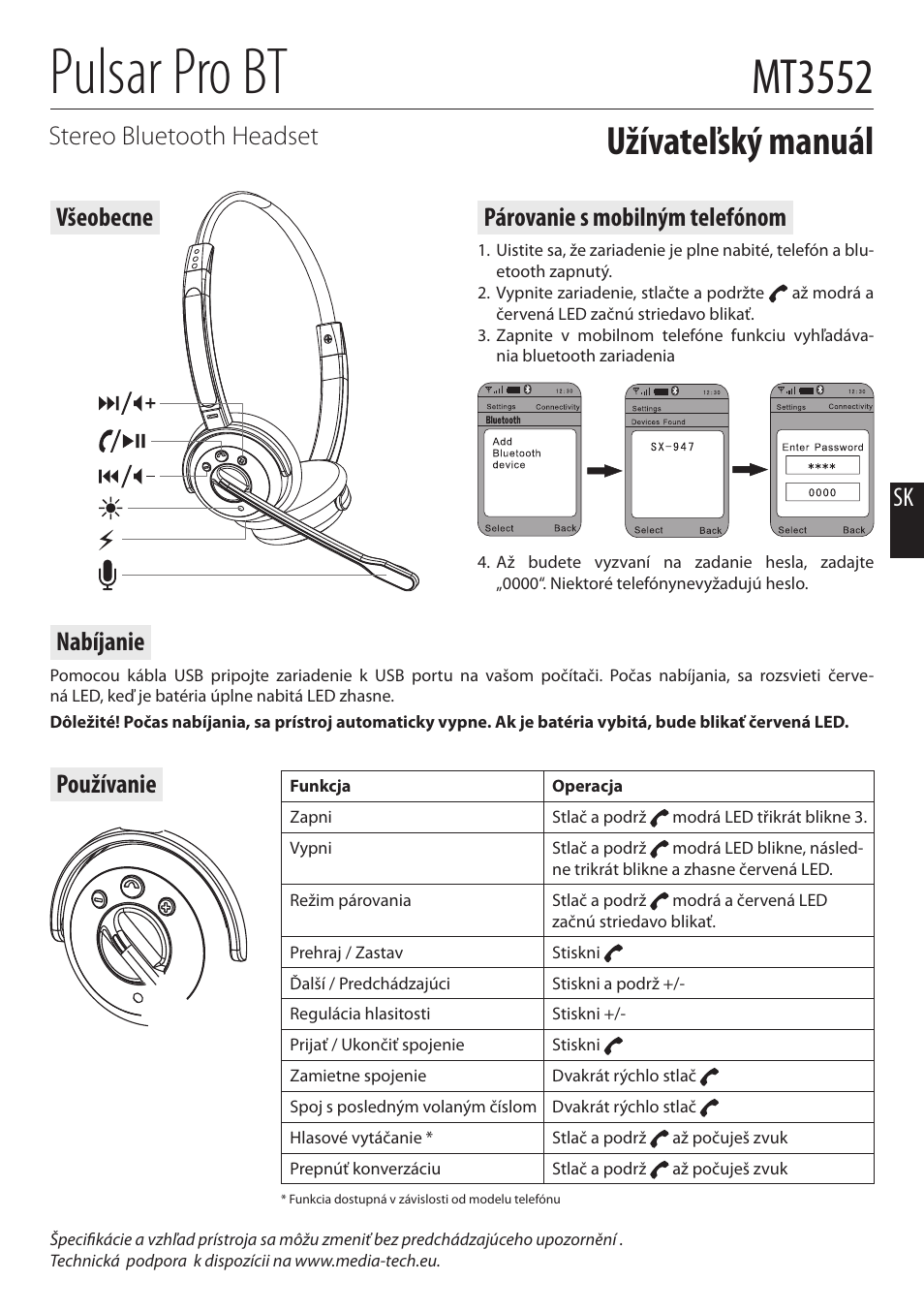 Pulsar pro bt, Mt3552, Užívateľský manuál | Sk stereo bluetooth headset, Párovanie s mobilným telefónom, Všeobecne používanie, Nabíjanie | Media-Tech PULSAR PRO BT User Manual | Page 6 / 8