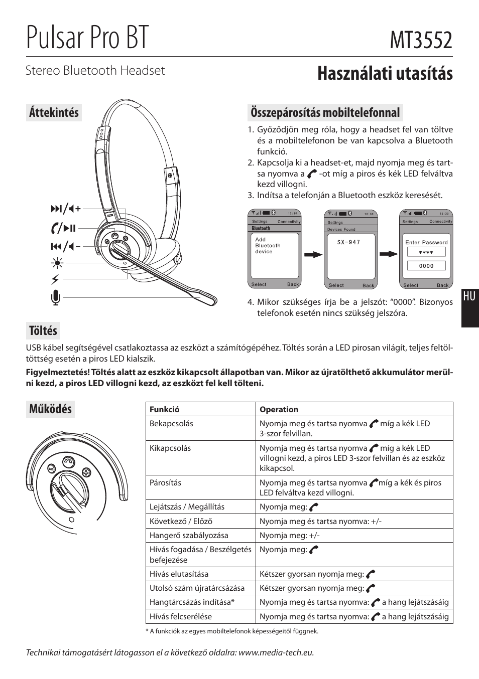 Pulsar pro bt, Mt3552, Használati utasítás | Hu stereo bluetooth headset, Összepárosítás mobiltelefonnal, Áttekintés működés, Töltés | Media-Tech PULSAR PRO BT User Manual | Page 7 / 8