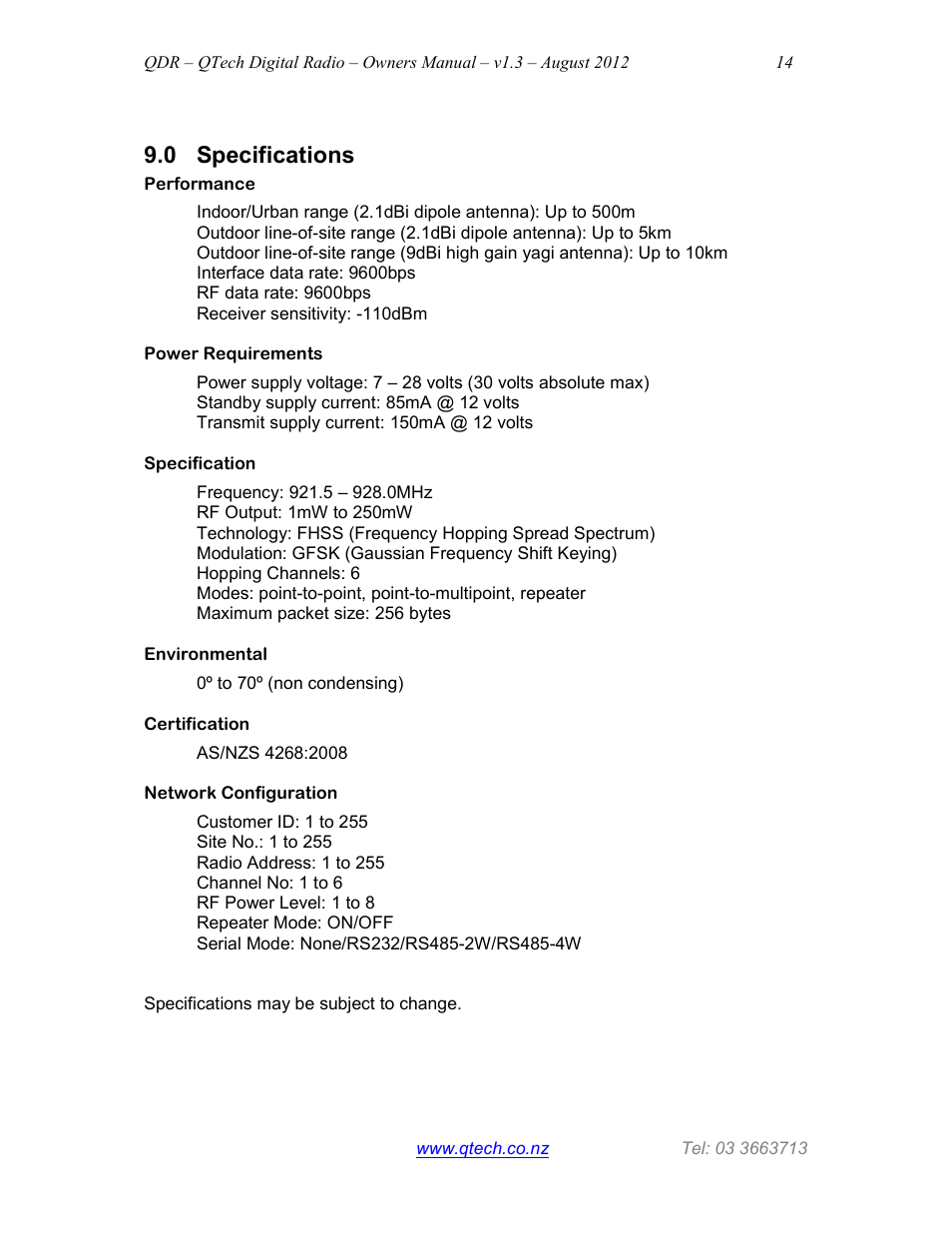 0 specifications | QTech Data Systems QDR Digital 900MHz Radio User Manual | Page 14 / 15