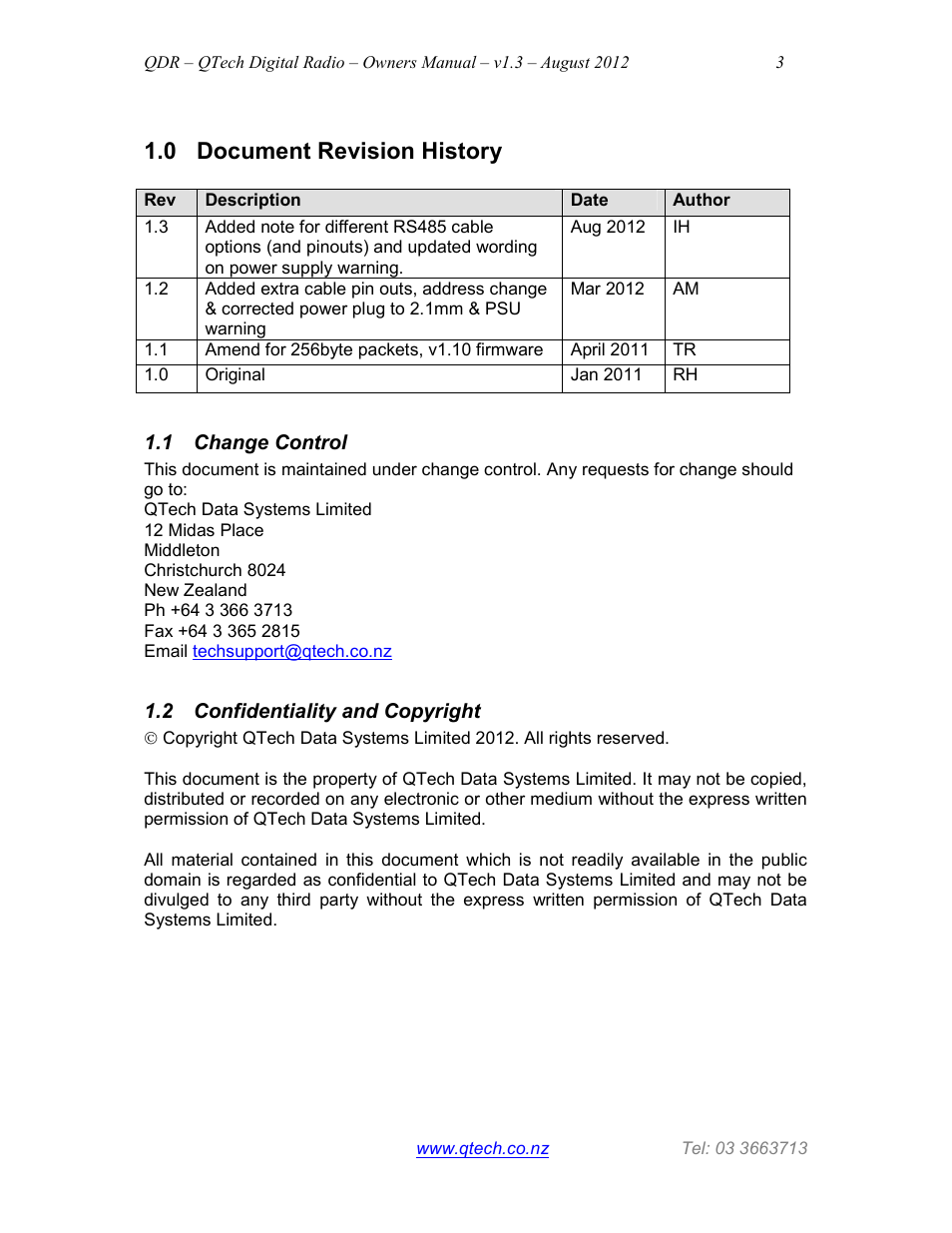0 document revision history | QTech Data Systems QDR Digital 900MHz Radio User Manual | Page 3 / 15