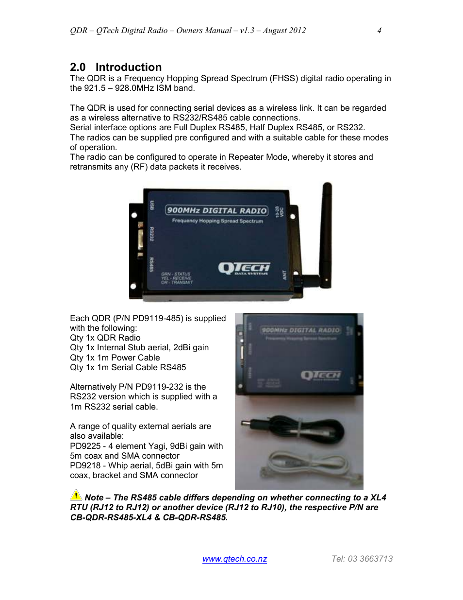 0 introduction | QTech Data Systems QDR Digital 900MHz Radio User Manual | Page 4 / 15