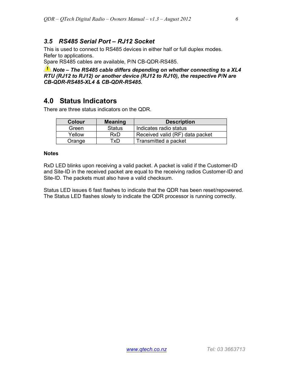 0 status indicators | QTech Data Systems QDR Digital 900MHz Radio User Manual | Page 6 / 15