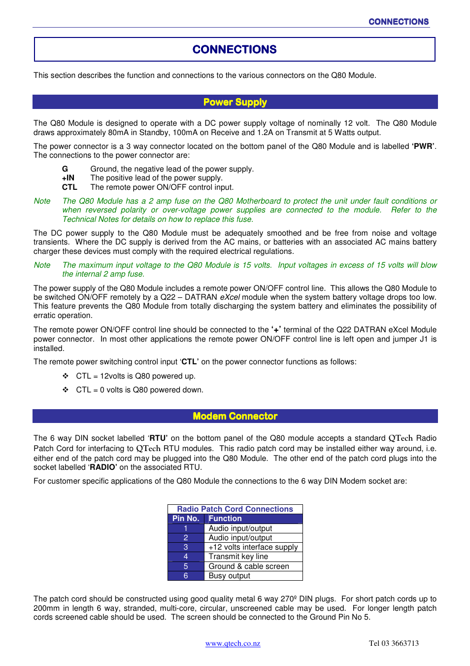 Connections | QTech Data Systems DATRAN Q80 Telemetry Radio User Manual | Page 12 / 23