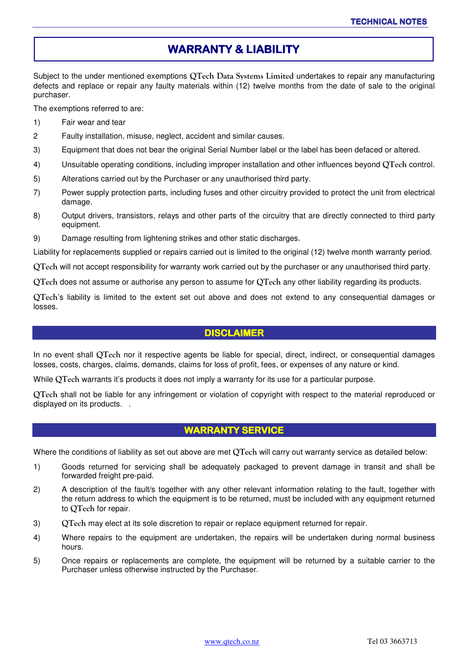 Warranty & liability | QTech Data Systems DATRAN Q80 Telemetry Radio User Manual | Page 19 / 23