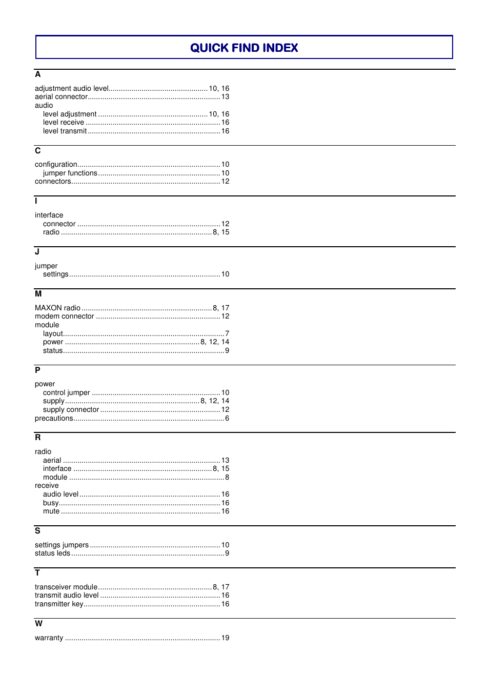 Quick find index | QTech Data Systems DATRAN Q80 Telemetry Radio User Manual | Page 21 / 23