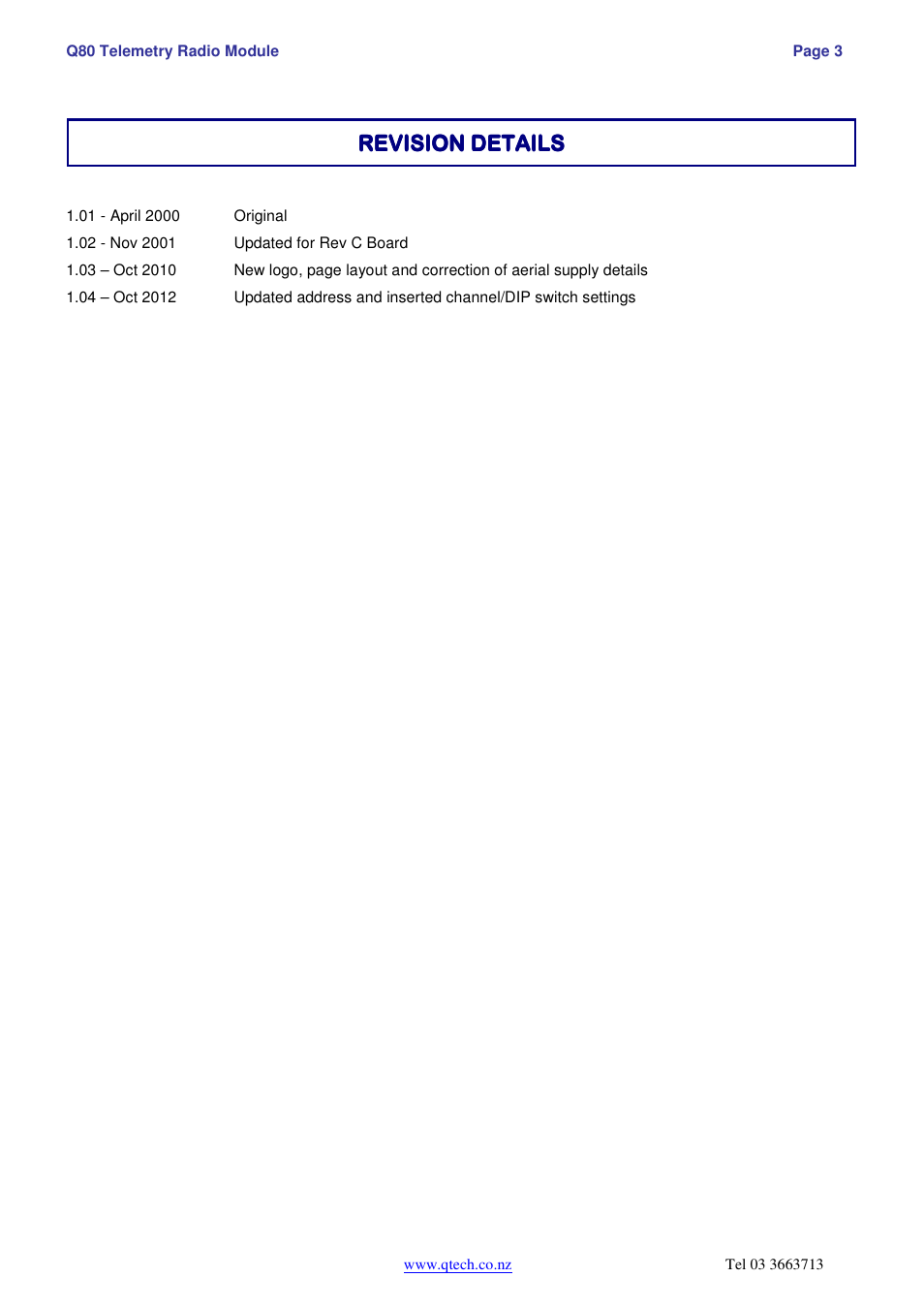 Revision details | QTech Data Systems DATRAN Q80 Telemetry Radio User Manual | Page 3 / 23