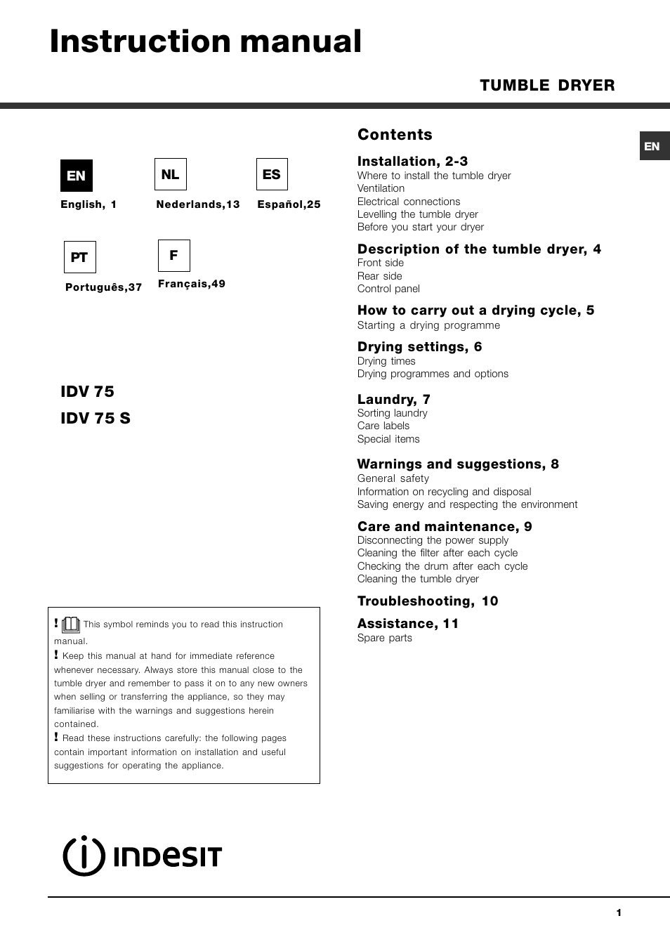 Indesit IDV 75 User Manual | 60 pages