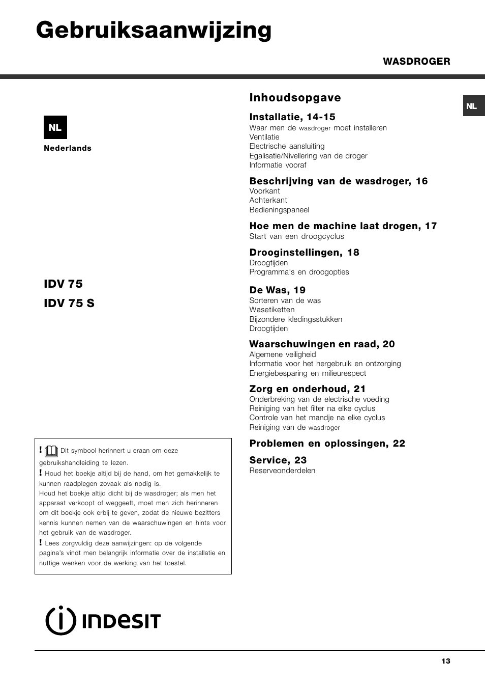Gebruiksaanwijzing, Inhoudsopgave, Idv 75 idv 75 s | Indesit IDV 75 User Manual | Page 13 / 60