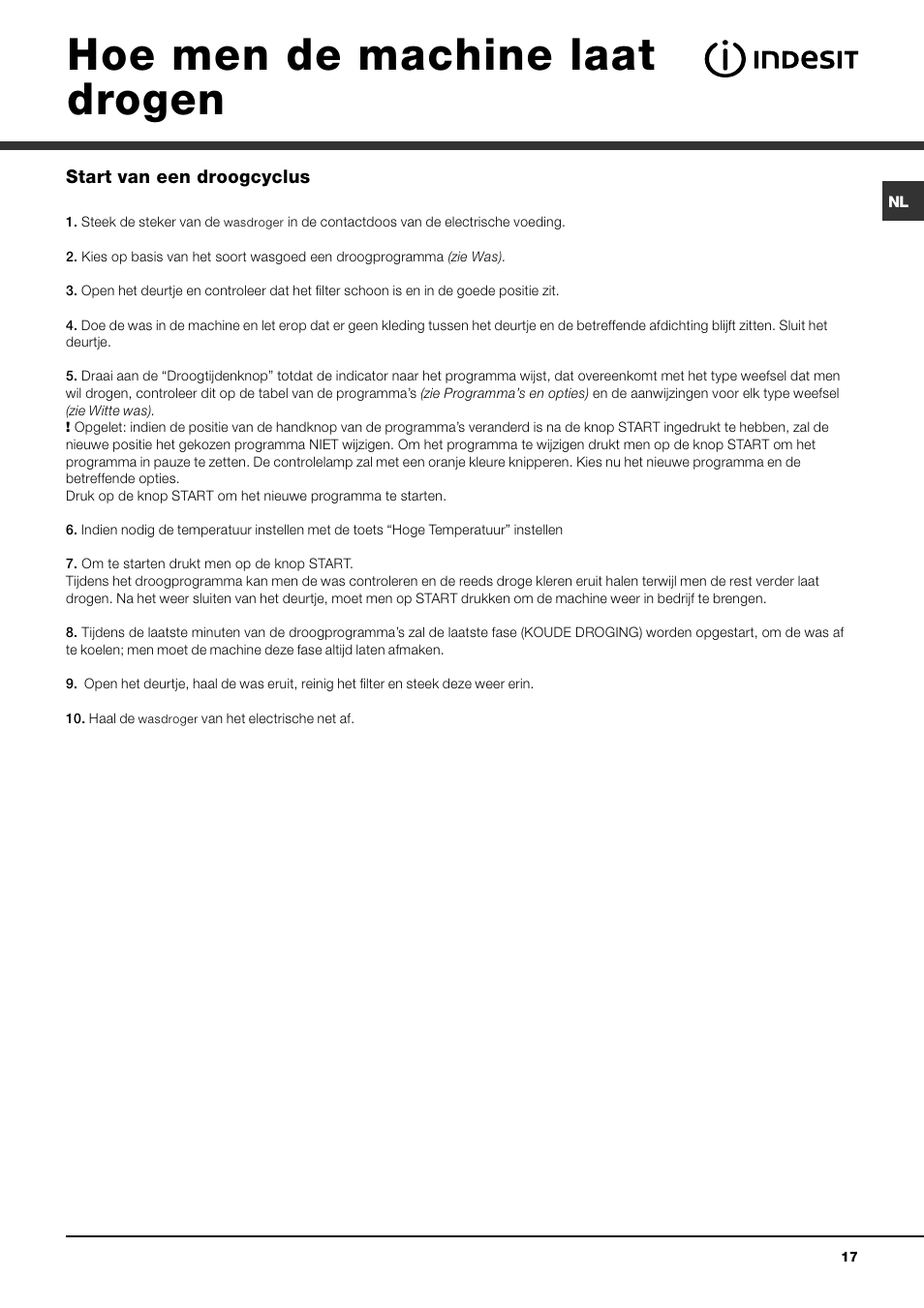 Hoe men de machine laat drogen | Indesit IDV 75 User Manual | Page 17 / 60
