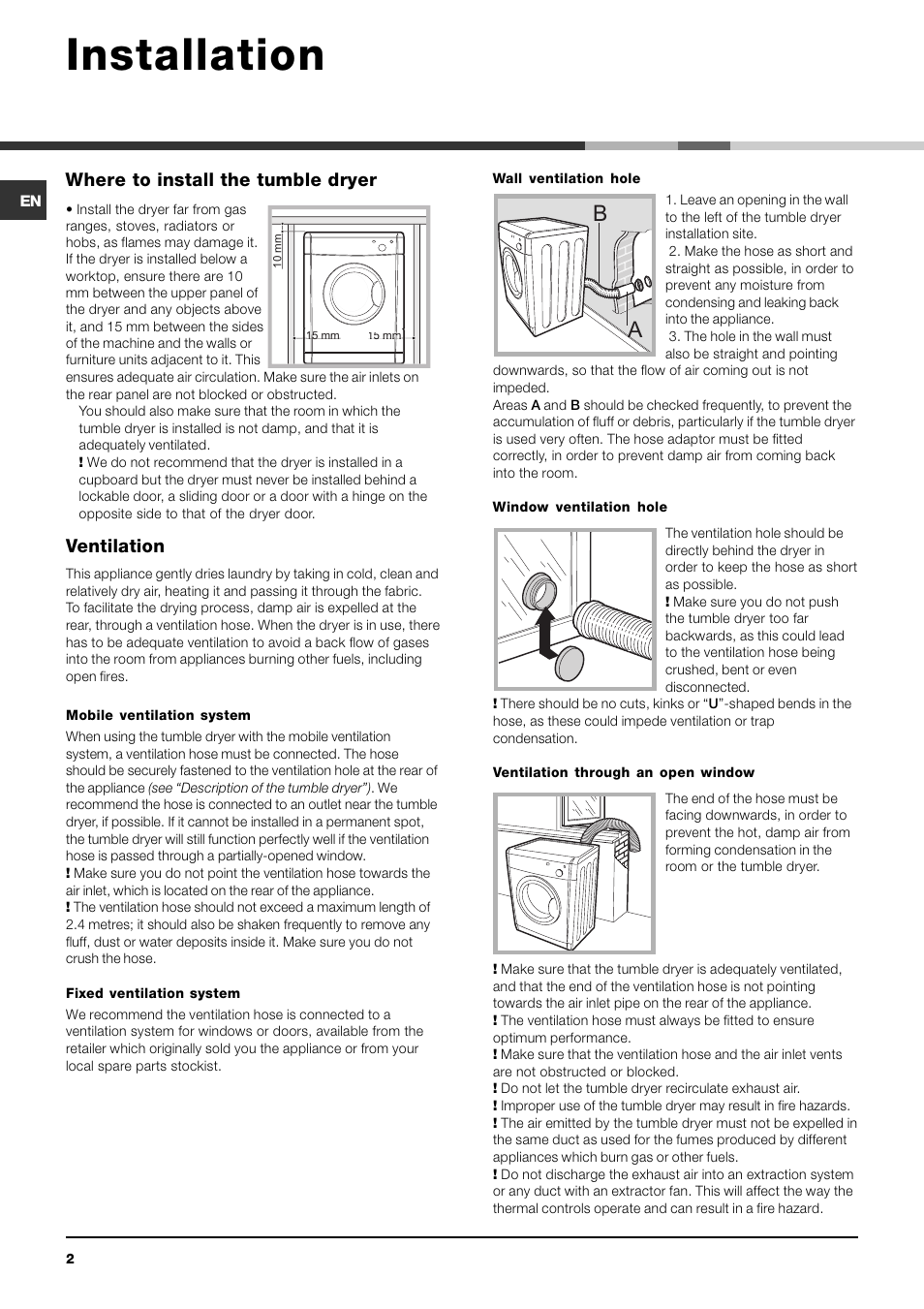 Installation, Where to install the tumble dryer, Ventilation | Indesit IDV 75 User Manual | Page 2 / 60