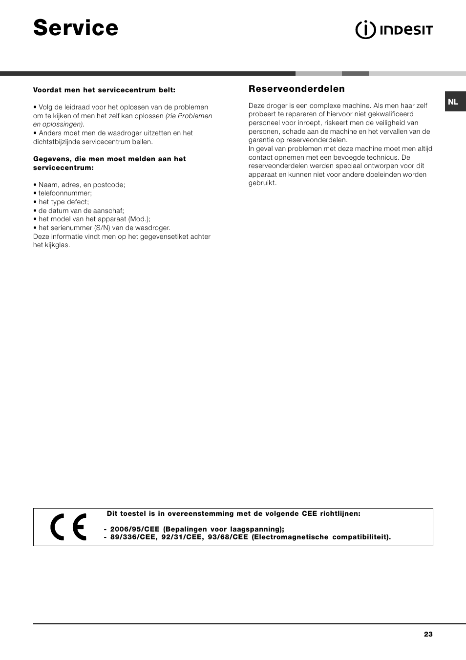 Service, Reserveonderdelen | Indesit IDV 75 User Manual | Page 23 / 60
