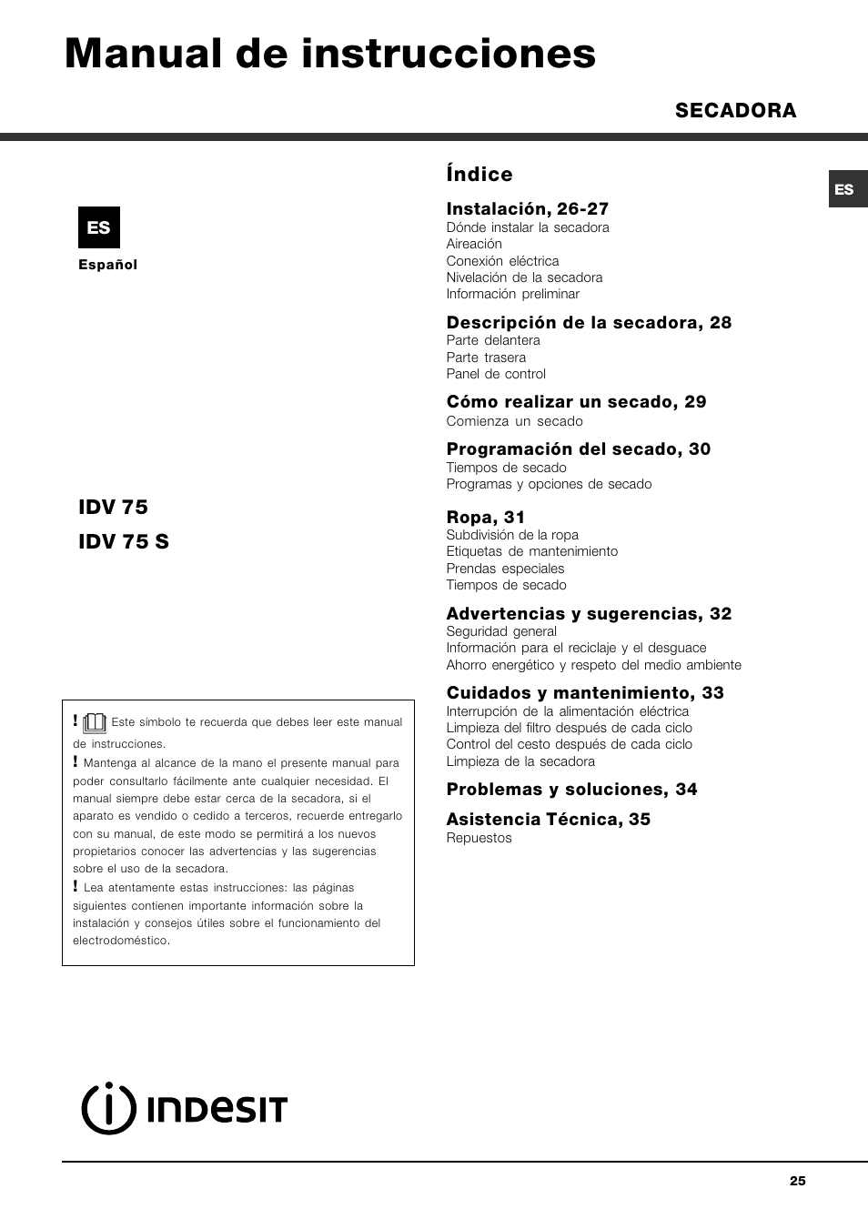 Manual de instrucciones, Índice, Idv 75 idv 75 s | Secadora | Indesit IDV 75 User Manual | Page 25 / 60