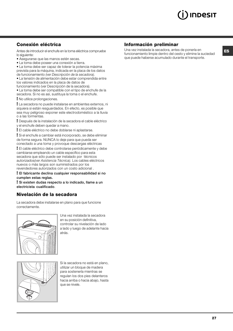 Conexión eléctrica, Nivelación de la secadora, Información preliminar | Indesit IDV 75 User Manual | Page 27 / 60