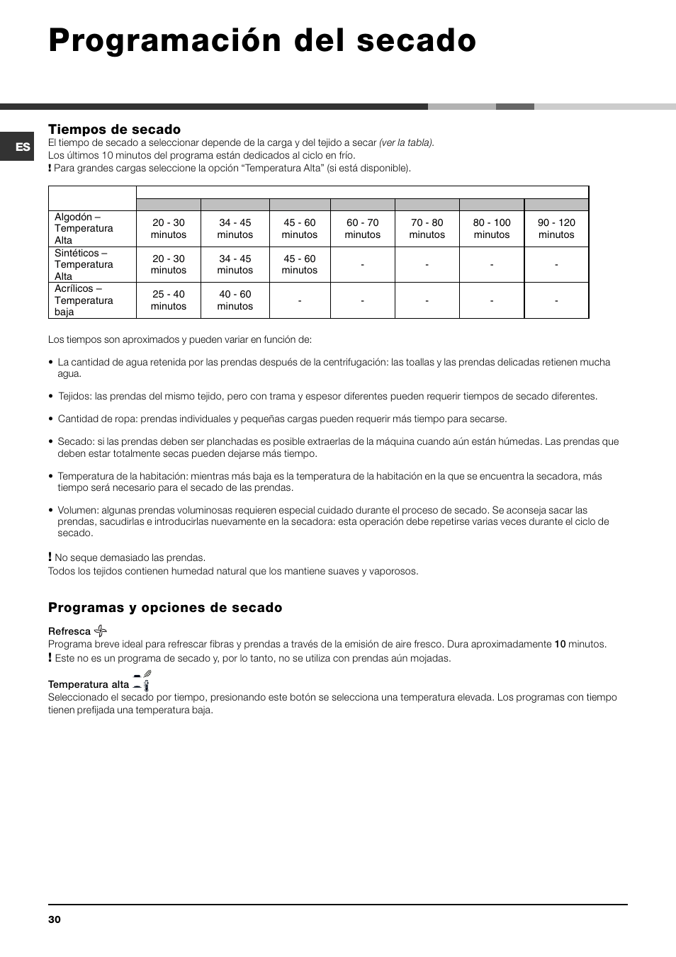 Programación del secado, Tiempos de secado, Programas y opciones de secado | Indesit IDV 75 User Manual | Page 30 / 60