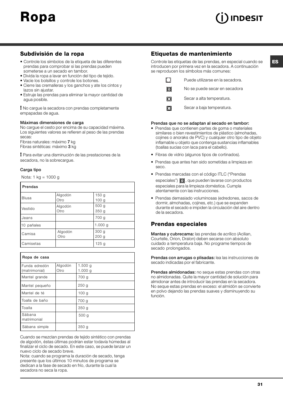 Ropa, Subdivisión de la ropa, Etiquetas de mantenimiento | Prendas especiales | Indesit IDV 75 User Manual | Page 31 / 60