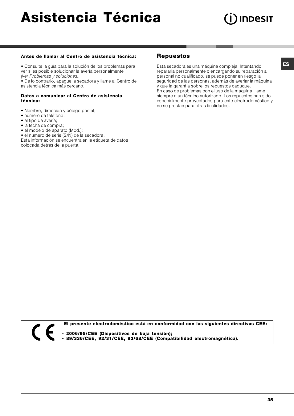 Asistencia técnica, Repuestos | Indesit IDV 75 User Manual | Page 35 / 60