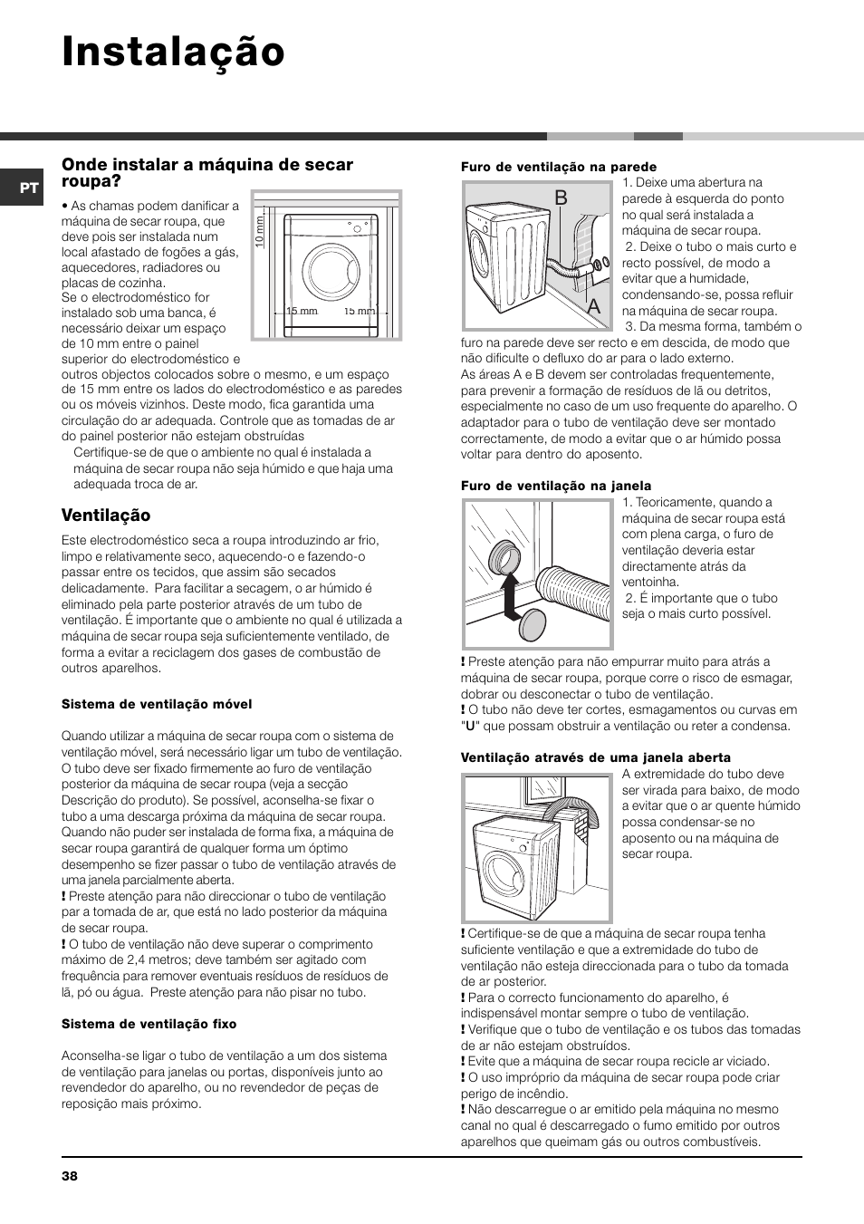 Instalação, Onde instalar a máquina de secar roupa, Ventilação | Indesit IDV 75 User Manual | Page 38 / 60