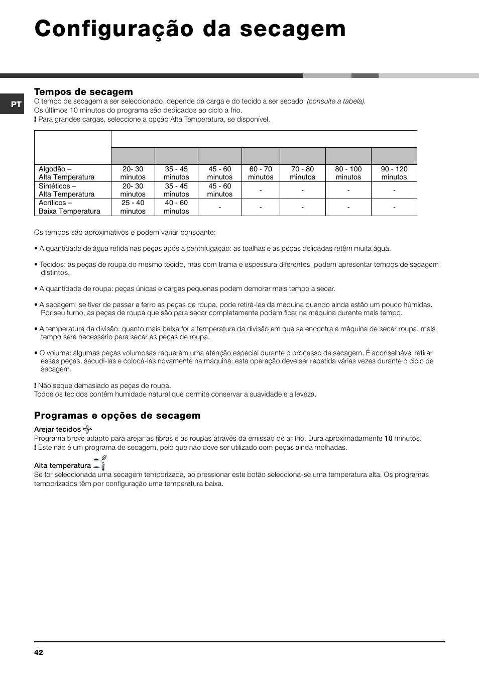 Configuração da secagem, Tempos de secagem, Programas e opções de secagem | Indesit IDV 75 User Manual | Page 42 / 60