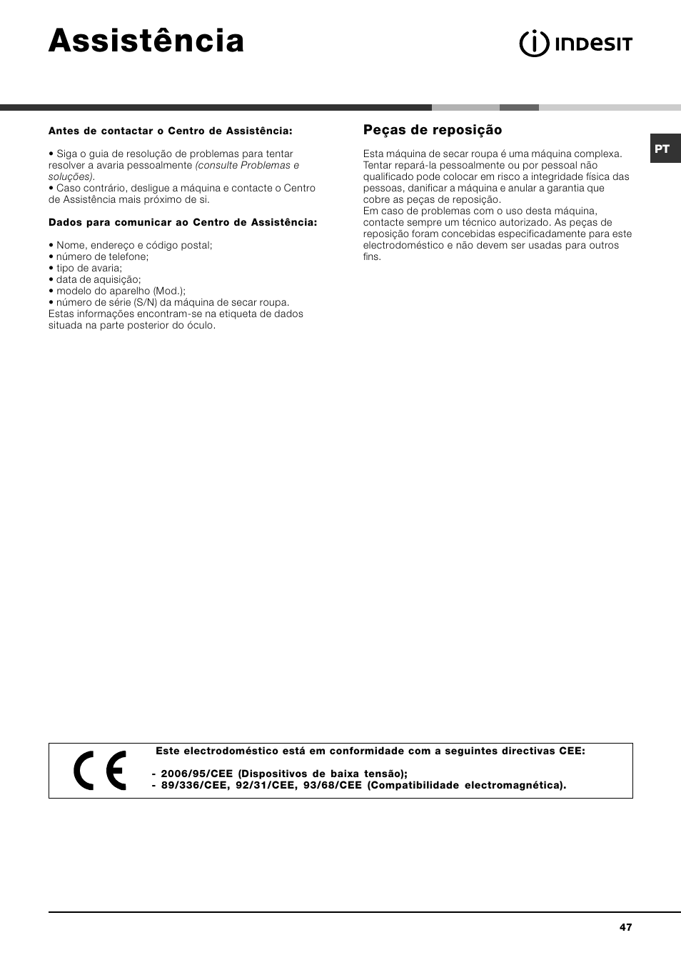 Assistência, Peças de reposição | Indesit IDV 75 User Manual | Page 47 / 60