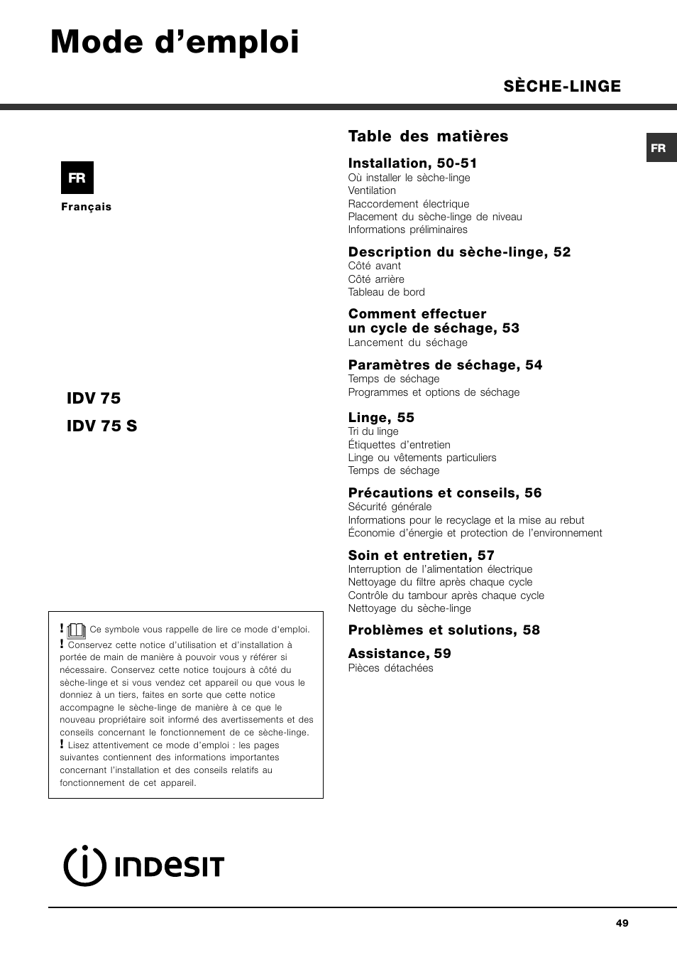 Indesit IDV 75 User Manual | Page 49 / 60