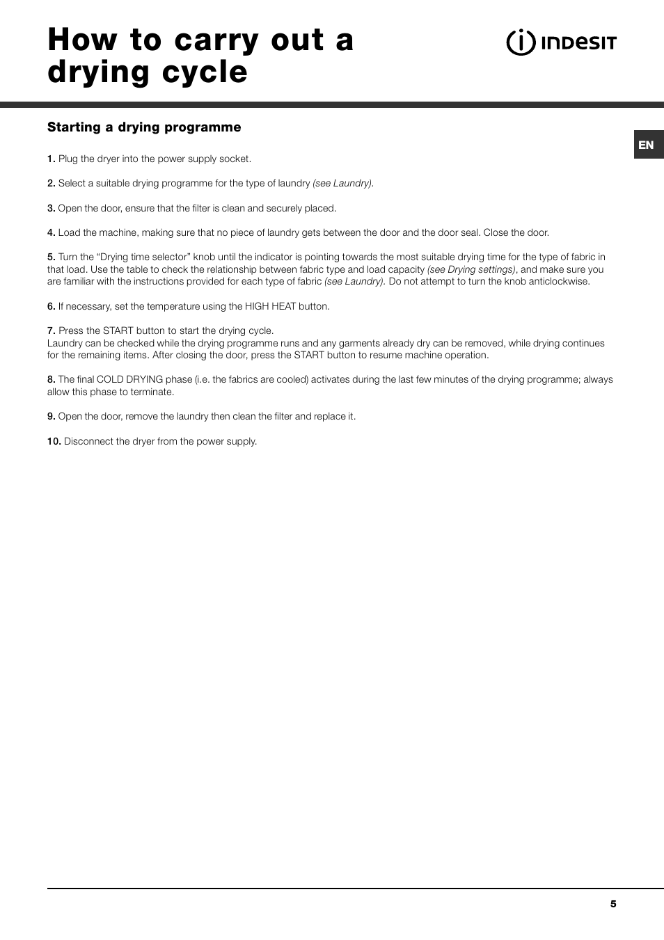 How to carry out a drying cycle | Indesit IDV 75 User Manual | Page 5 / 60
