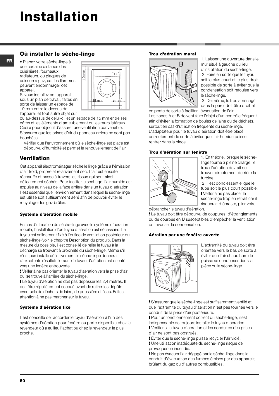 Installation, Où installer le sèche-linge, Ventilation | Indesit IDV 75 User Manual | Page 50 / 60