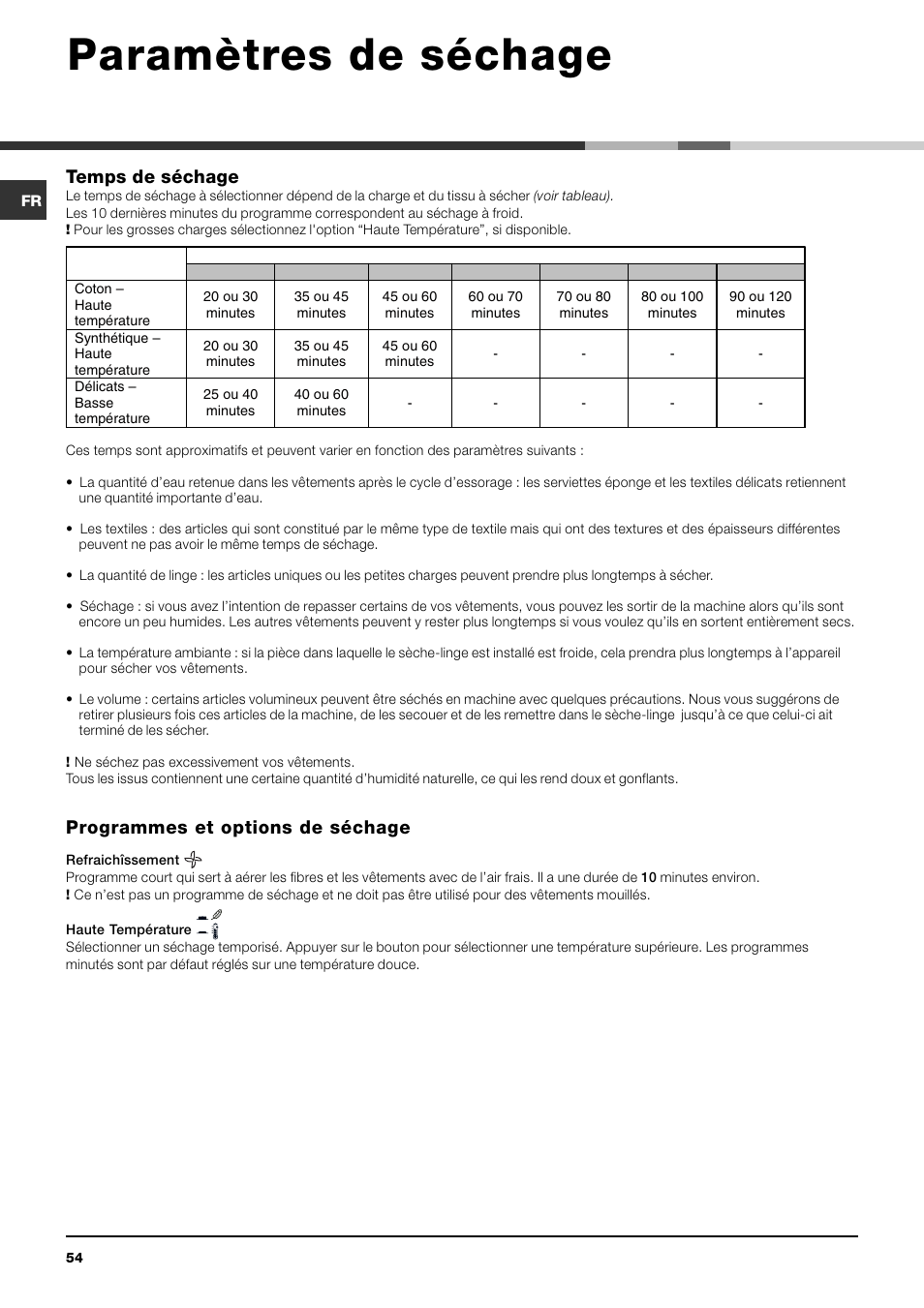 Paramètres de séchage, Temps de séchage, Programmes et options de séchage | Indesit IDV 75 User Manual | Page 54 / 60