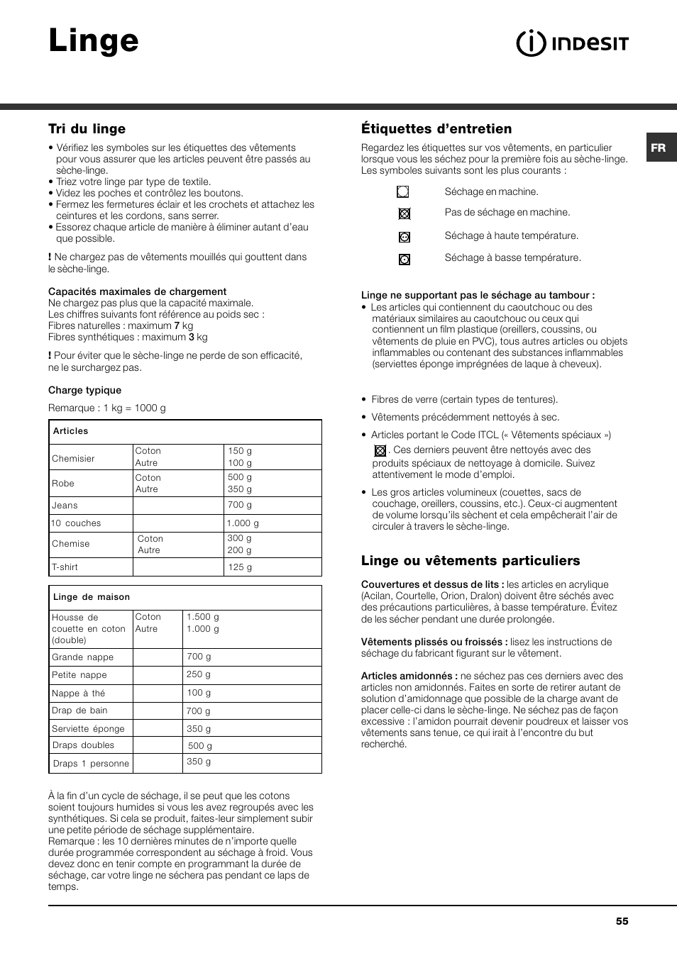 Linge, Tri du linge, Étiquettes dentretien | Linge ou vêtements particuliers | Indesit IDV 75 User Manual | Page 55 / 60