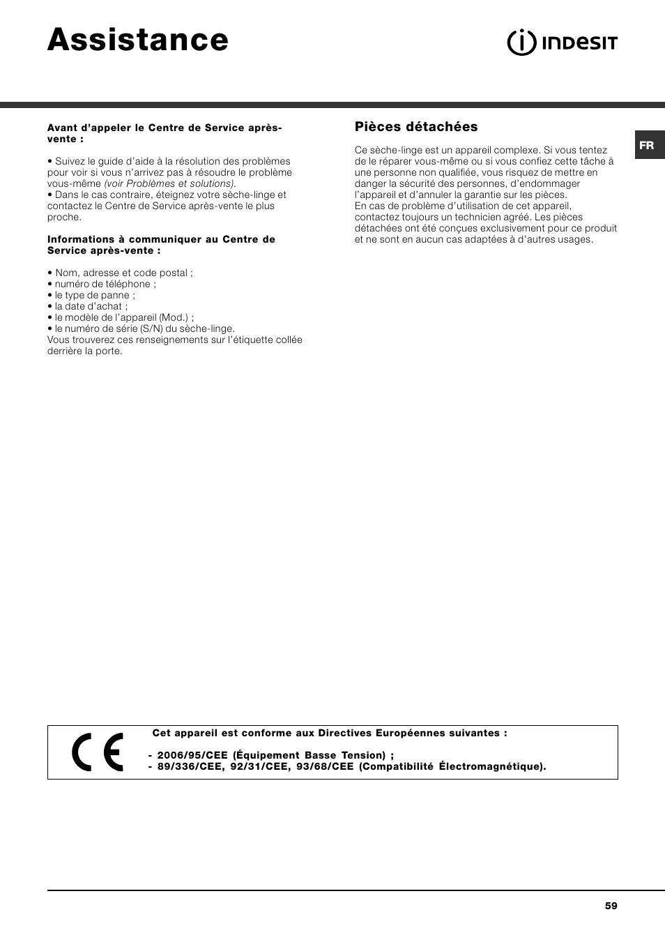 Assistance, Pièces détachées | Indesit IDV 75 User Manual | Page 59 / 60