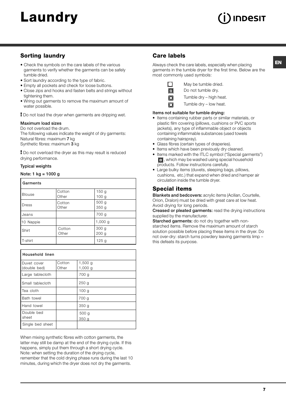 Laundry, Sorting laundry, Care labels | Special items | Indesit IDV 75 User Manual | Page 7 / 60