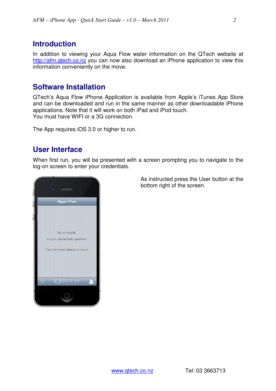 Introduction, Software installation, User interface | QTech Data Systems AFM iPhone App User Manual | Page 2 / 4