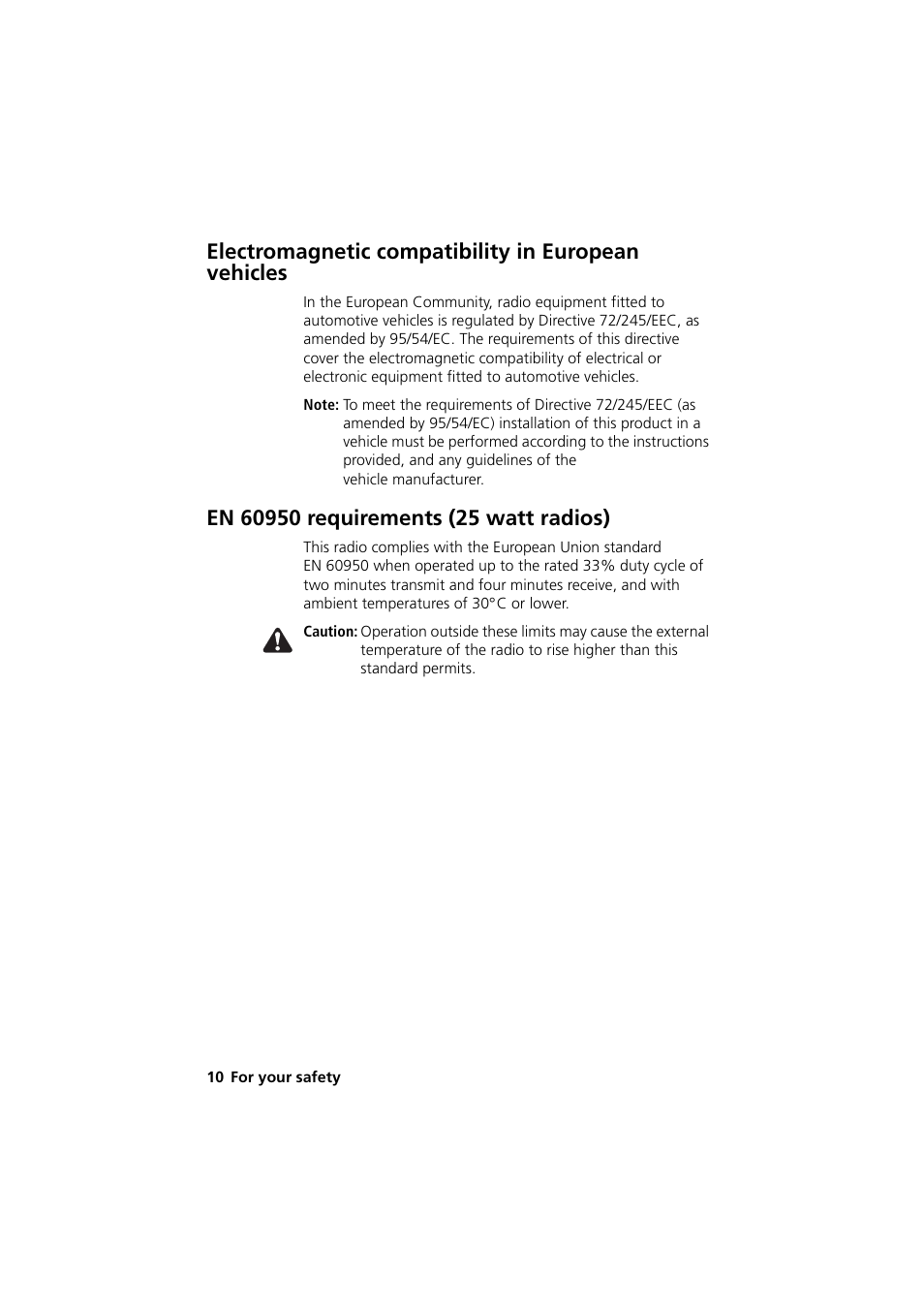 Electromagnetic compatibility in european vehicles, En60950 requirements (25 watt radios) | QTech Data Systems Tait TM8000 Radio User Manual | Page 10 / 44