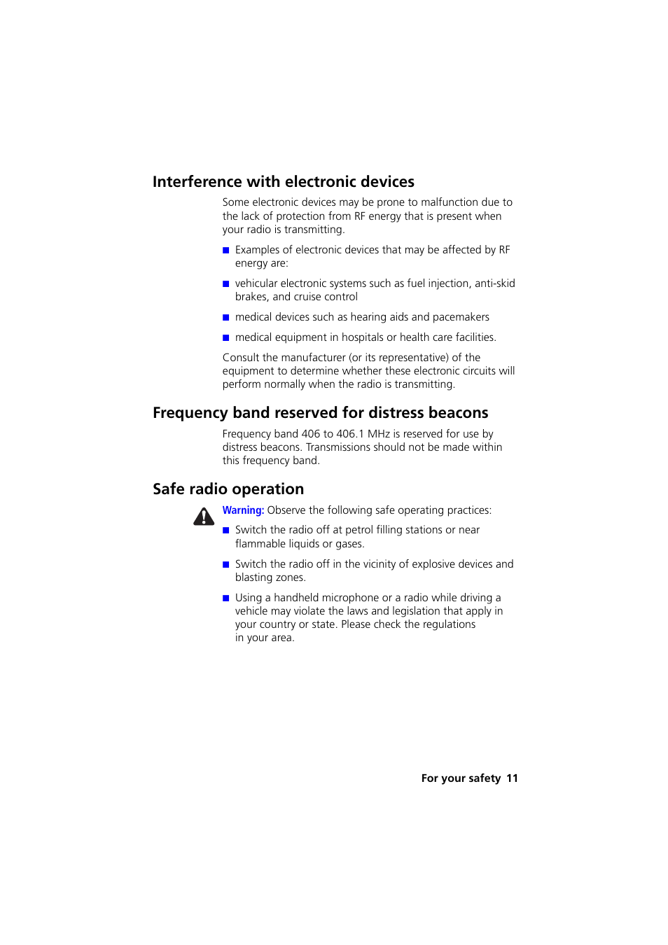 Interference with electronic devices, Frequency band reserved for distressbeacons, Safe radio operation | Frequency band reserved for distress beacons | QTech Data Systems Tait TM8000 Radio User Manual | Page 11 / 44
