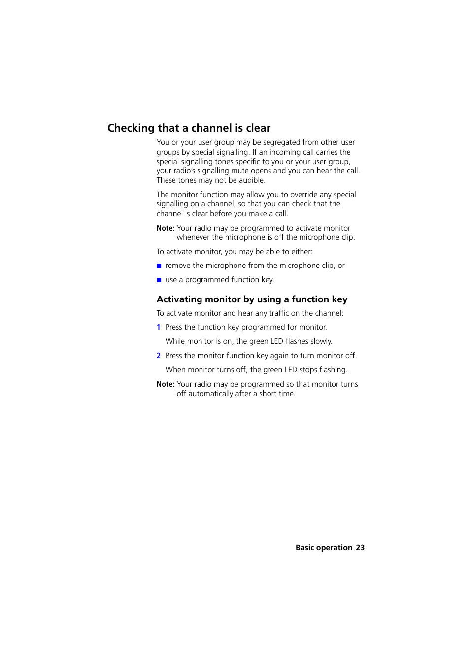 Checking that a channel is clear, Activating monitor by using a function key | QTech Data Systems Tait TM8000 Radio User Manual | Page 23 / 44