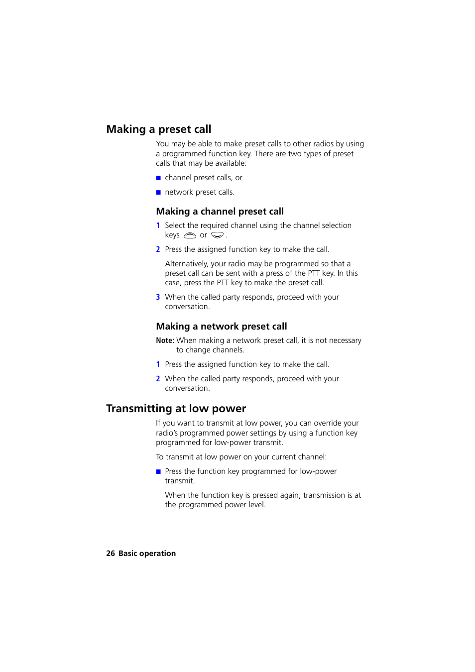 Making a preset call, Making a channel preset call, Making a network preset call | Transmitting at low power | QTech Data Systems Tait TM8000 Radio User Manual | Page 26 / 44