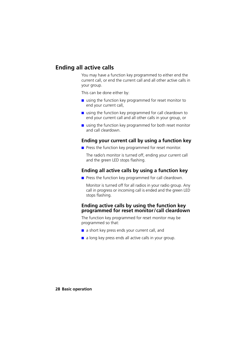 Ending all active calls, Ending your current call by using a functionkey, Ending all active calls by using a function key | Ending your current call by using a function key | QTech Data Systems Tait TM8000 Radio User Manual | Page 28 / 44