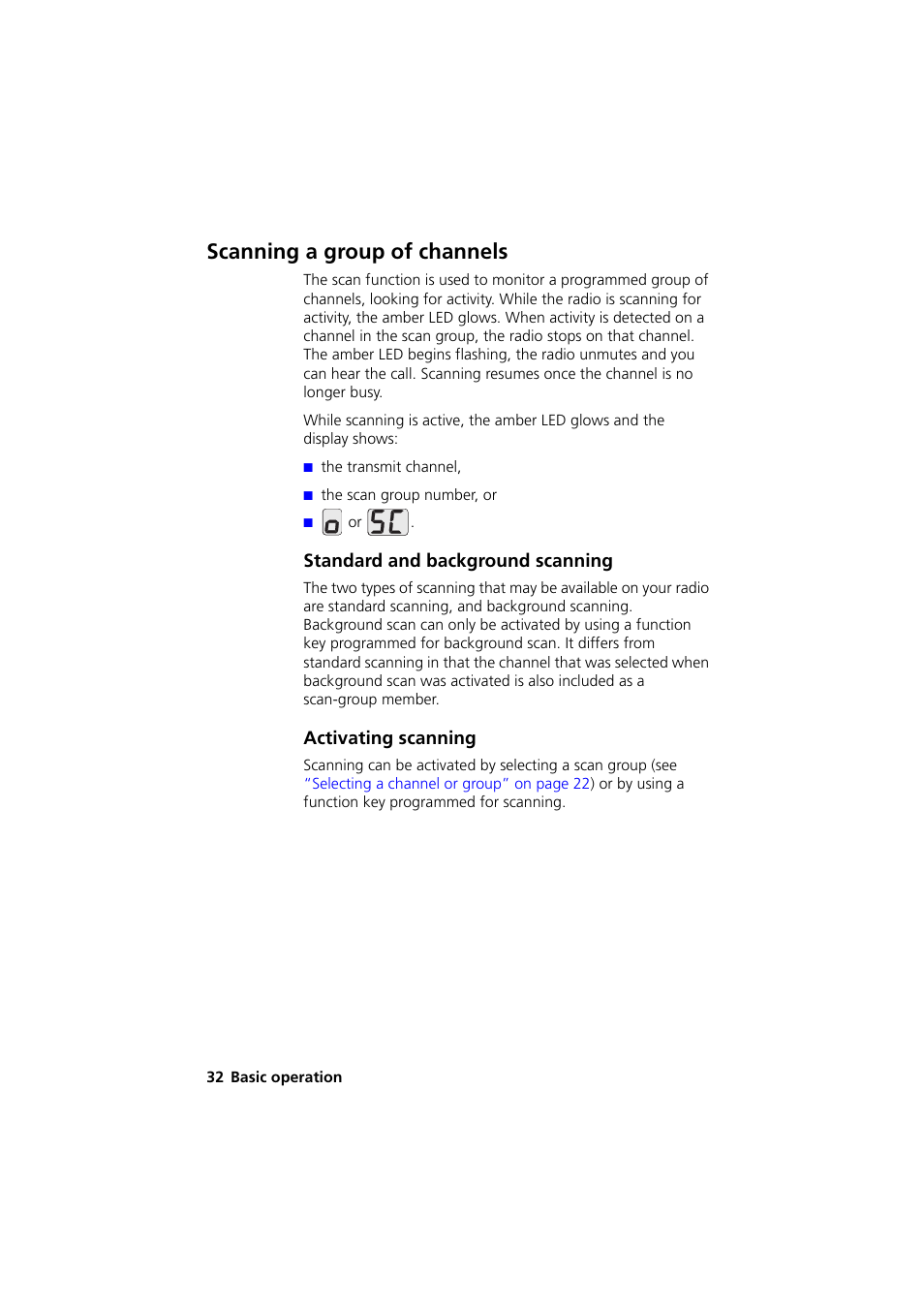 Scanning a group of channels, Standard and background scanning, Activating scanning | QTech Data Systems Tait TM8000 Radio User Manual | Page 32 / 44