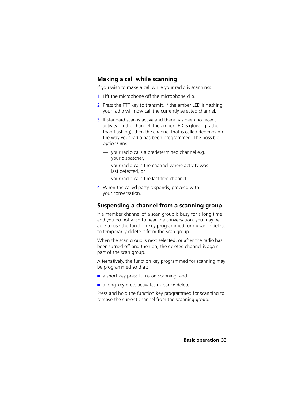 Making a call while scanning, Suspending a channel from a scanning group | QTech Data Systems Tait TM8000 Radio User Manual | Page 33 / 44
