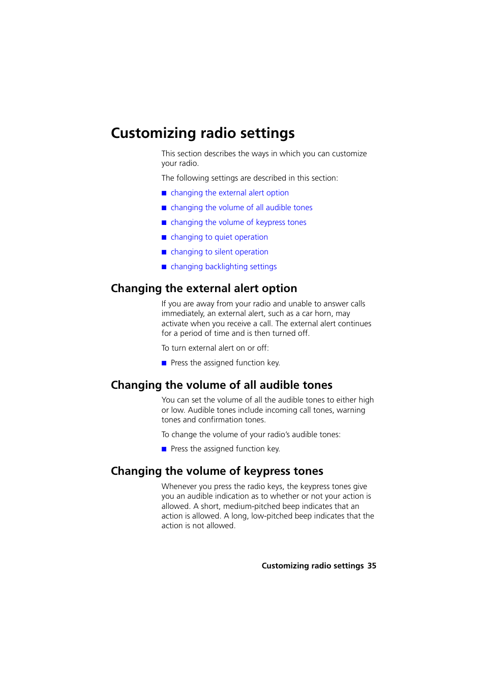 Customizing radio settings, Changing the external alert option, Changing the volume of all audible tones | Changing the volume of keypress tones | QTech Data Systems Tait TM8000 Radio User Manual | Page 35 / 44