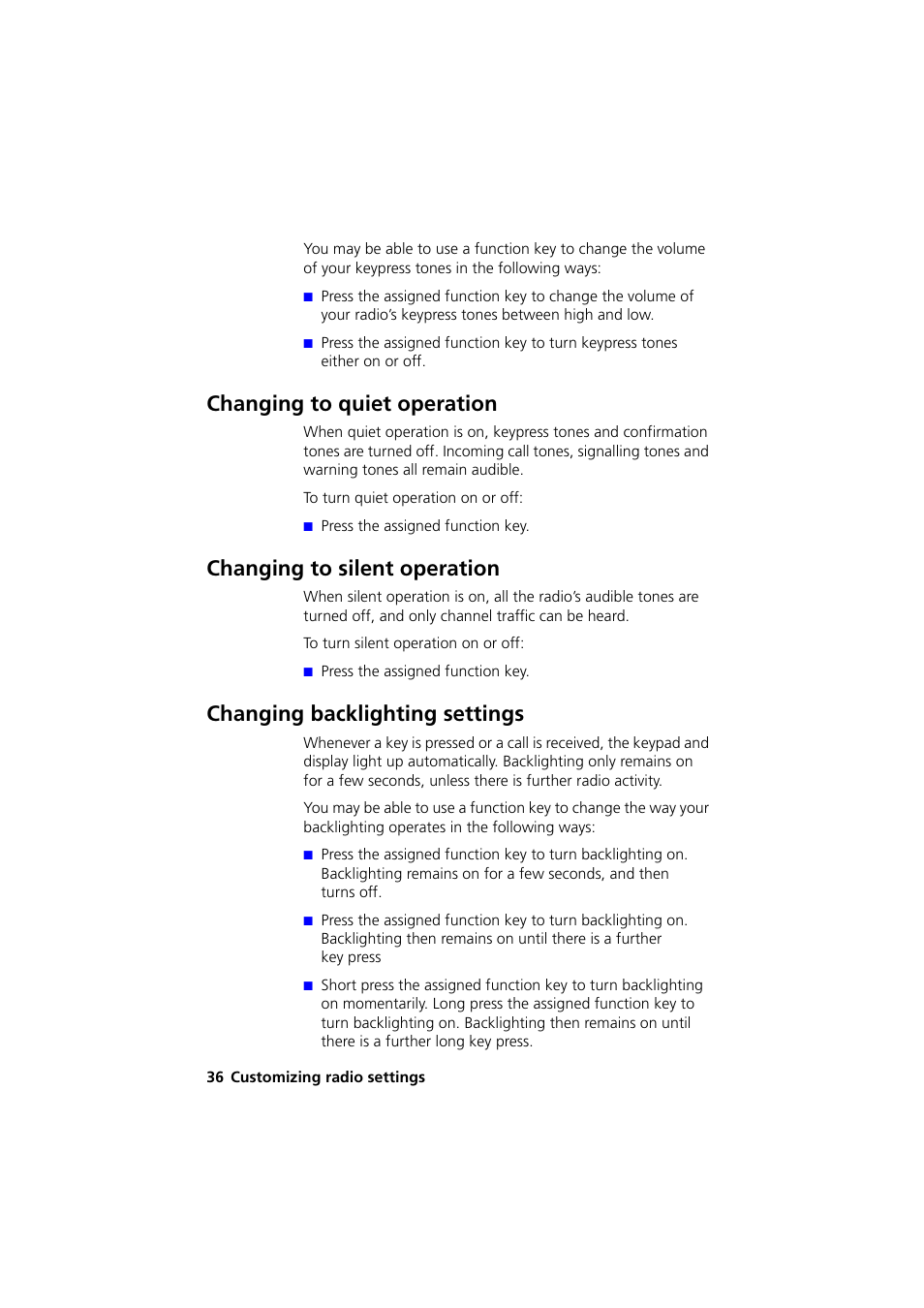Changing to quiet operation, Changing to silent operation, Changing backlighting settings | QTech Data Systems Tait TM8000 Radio User Manual | Page 36 / 44