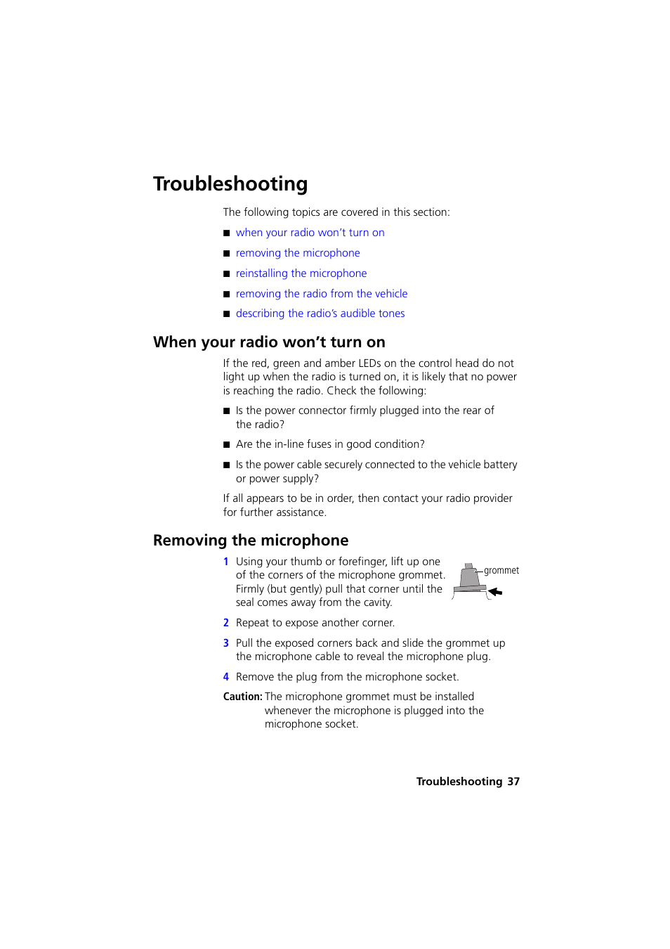 Troubleshooting, When your radio won’t turn on, Removing the microphone | QTech Data Systems Tait TM8000 Radio User Manual | Page 37 / 44