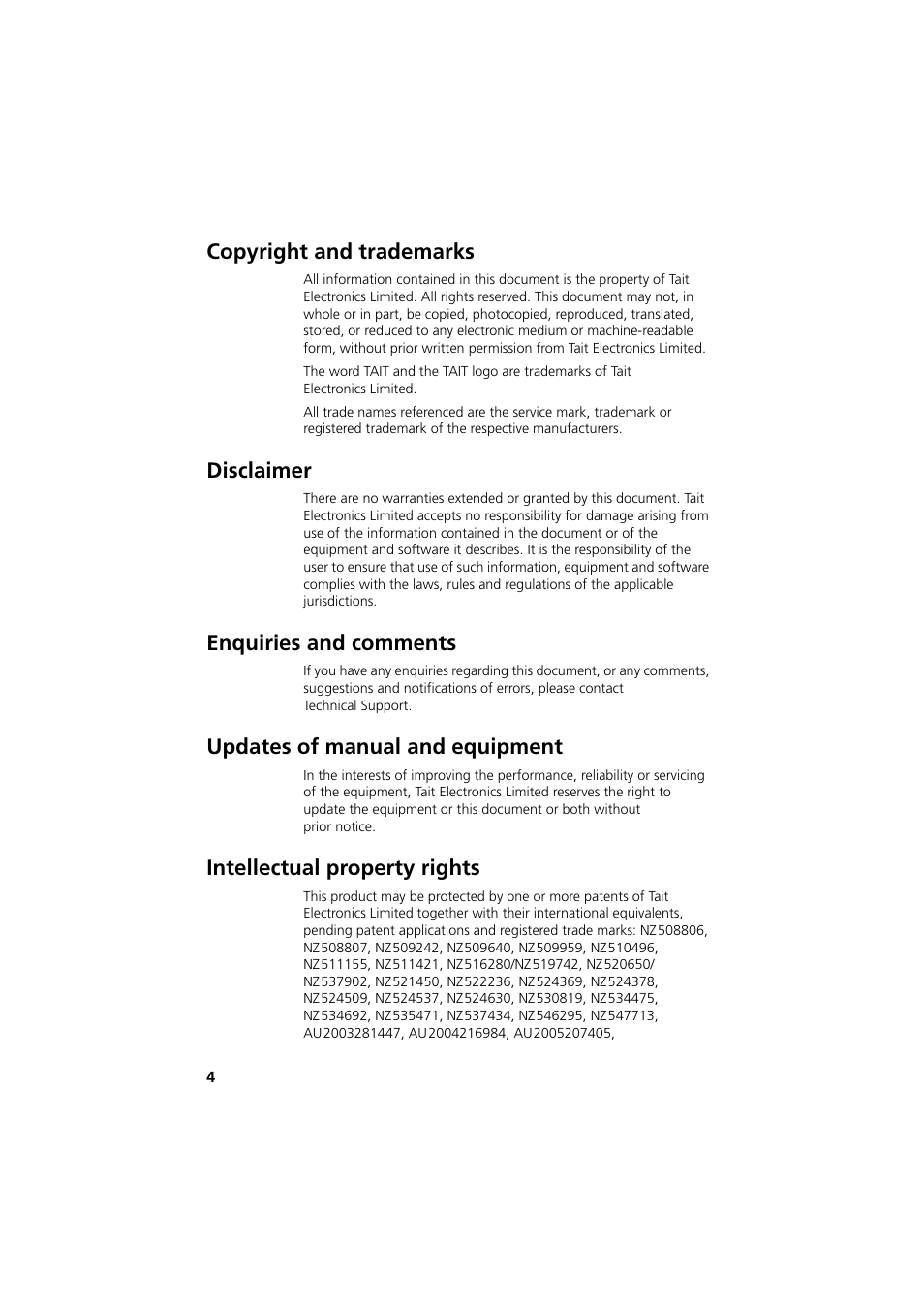 Updates of manual and equipment, Copyright and trademarks, Disclaimer | Enquiries and comments, Intellectual property rights | QTech Data Systems Tait TM8000 Radio User Manual | Page 4 / 44