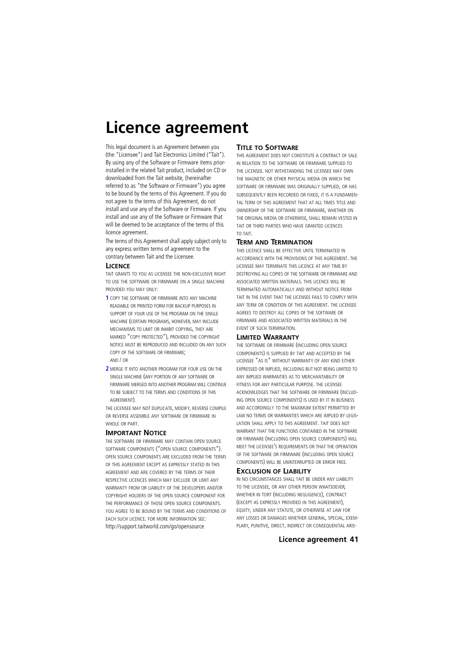 Licence agreement, Licence agreement 41 | QTech Data Systems Tait TM8000 Radio User Manual | Page 41 / 44