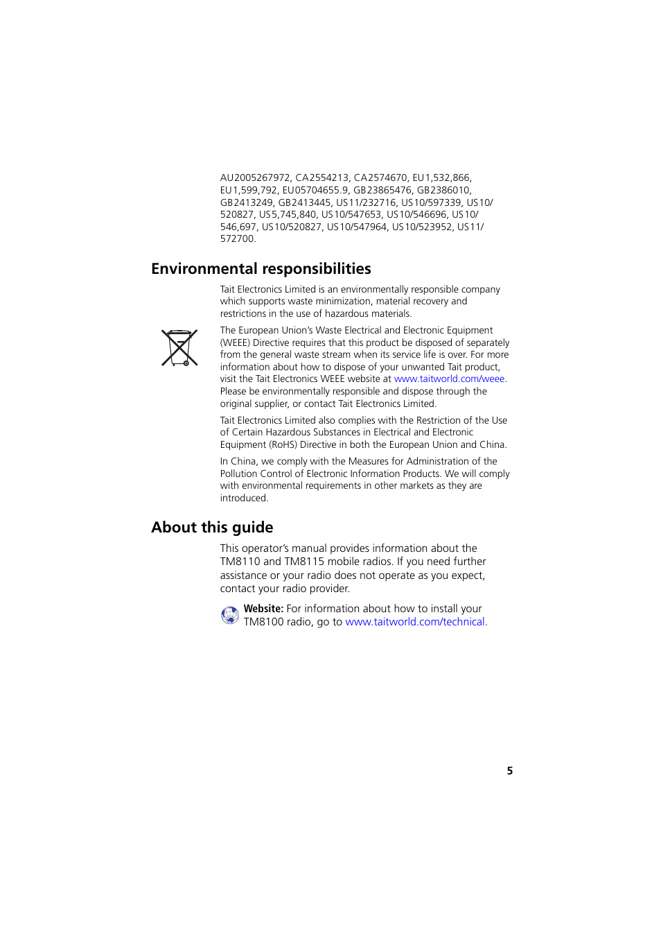 About this guide, Environmental responsibilities | QTech Data Systems Tait TM8000 Radio User Manual | Page 5 / 44